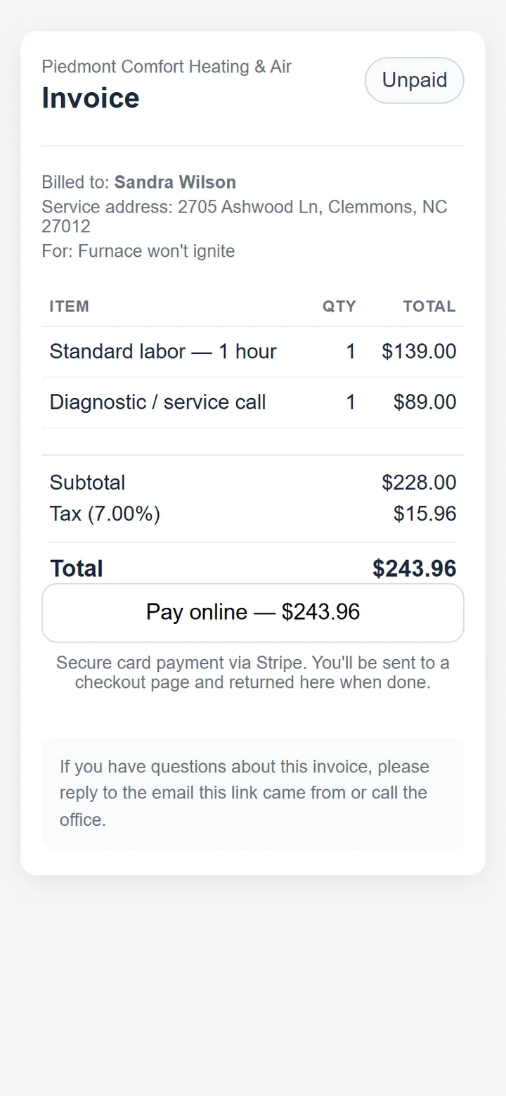 Customer's phone: an unpaid invoice from Piedmont Comfort Heating & Air with two line items, tax, a $243.96 total and a Pay online button.