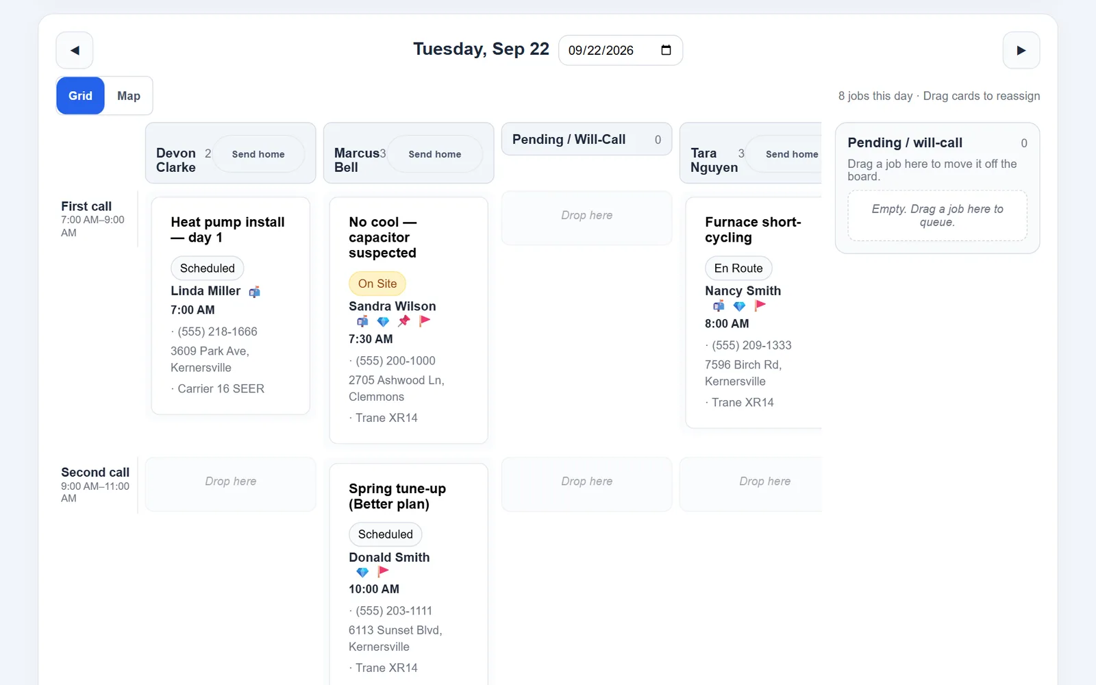 Dispatch board for Tuesday, Sep 22: three technician columns with jobs in First call and Second call slots, one job On Site, one En Route, and an empty Pending / will-call queue on the right.