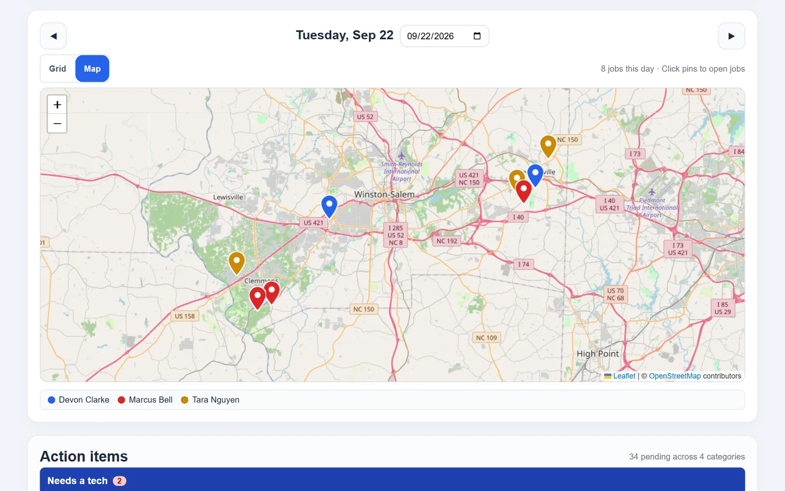 Dispatch map view: the day's jobs as pins on a street map, colored per technician.
