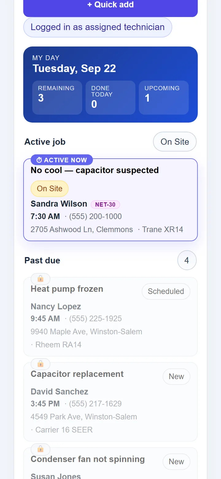 Technician's phone: My day card for Tuesday, Sep 22 showing 3 remaining, 0 done, 1 upcoming; the active job, No cool — capacitor suspected, marked On Site and pinned on top; a Past due list of 4 below.