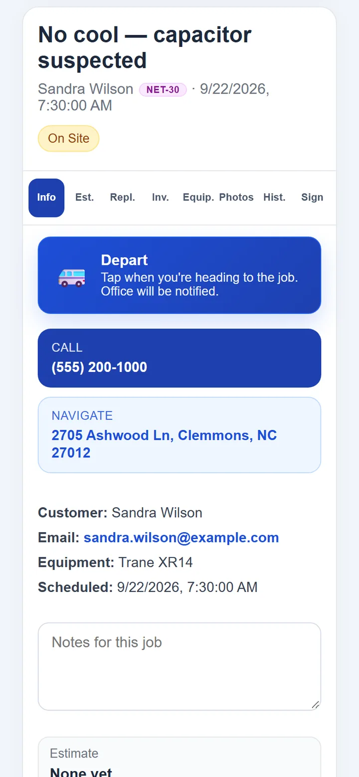 Job detail on the technician's phone: the job title, customer and On Site status, tabs for estimate, replacement, invoice, equipment, photos, history and signature, and large Depart, Call and Navigate buttons.